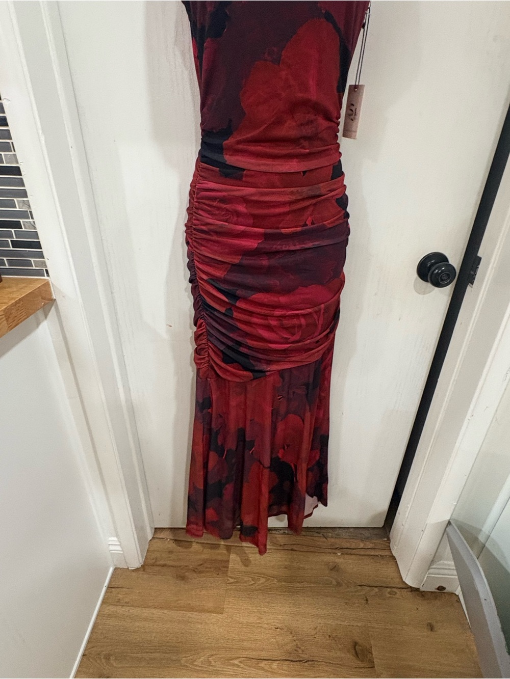 Sleeveless Red Retro evening whimsigoth Floral Ruched Maxi Dress - Picture 3 of 5